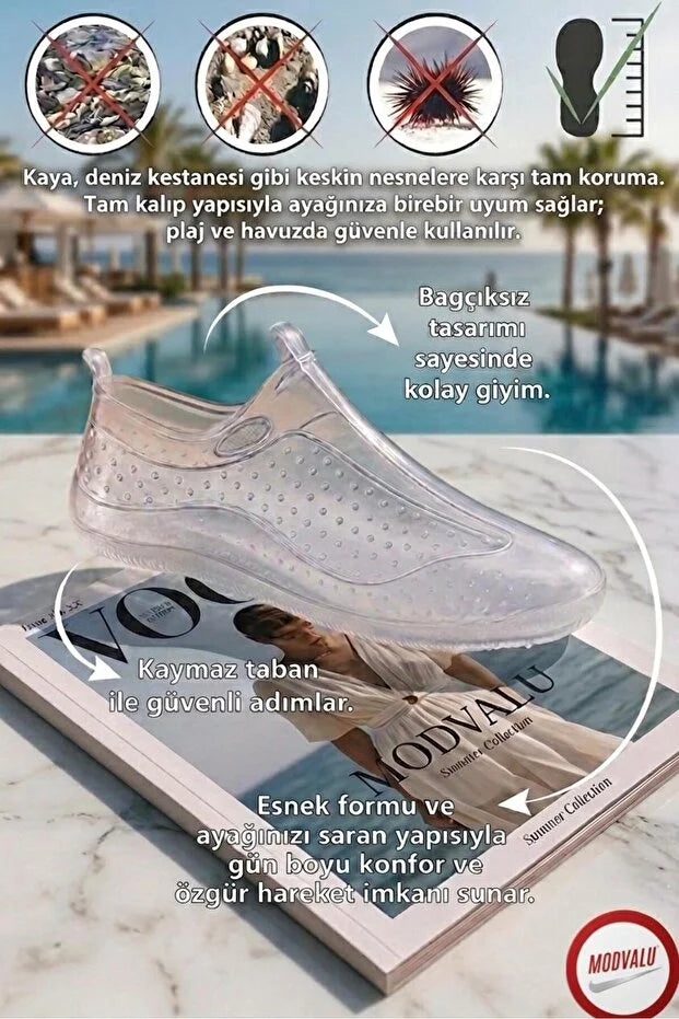 KOSSH Unisex Şeffaf Deniz Ayakkabısı - Kaymaz Taban Plaj ve Havuz Sandaleti